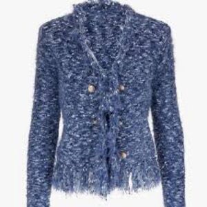 L'AGENCE Azura Fringe open front Confetti Knit Cardigan Blazer in Blue